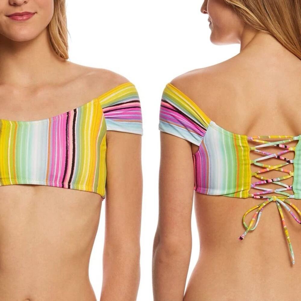 RAISINS Bikini Top Swim Stripe Multi Color Off Shoulder Lace Up Beach NWT Small